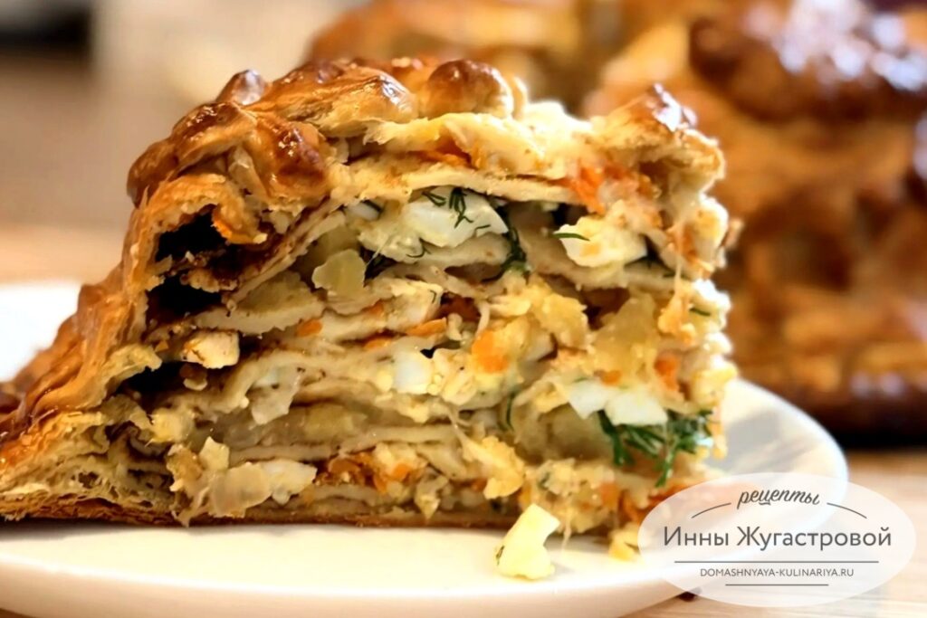 Курник с курицей картошкой, блинами